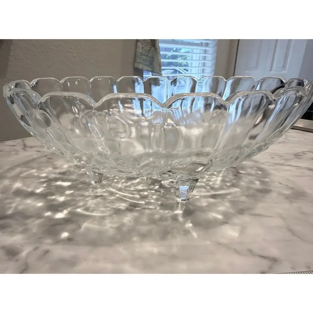 Vintage Clear Pressed Glass Harvest Fruit Bowl 3 Footed Scalloped Centerpiece